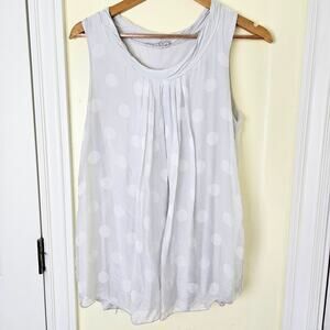 Y2K 100% Silk Gray White Polka Dot Tank Top Made In Italy Pleated Artsy Size M